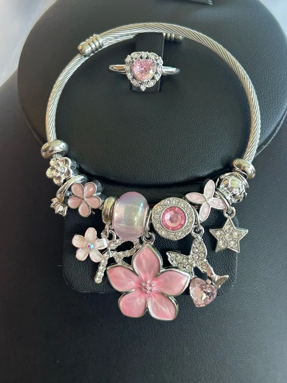 Brand New Silver Pink Flower Charm Bracelet with Matching Pink Heart Ring